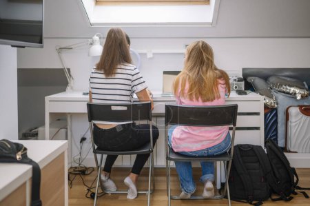 Téléchargez les photos : Deux jeunes filles étudient dans leur chambre. - en image libre de droit