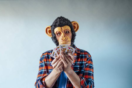 Photo for Man wearing monkey mask and holding poker playing cards on blue background. - Royalty Free Image