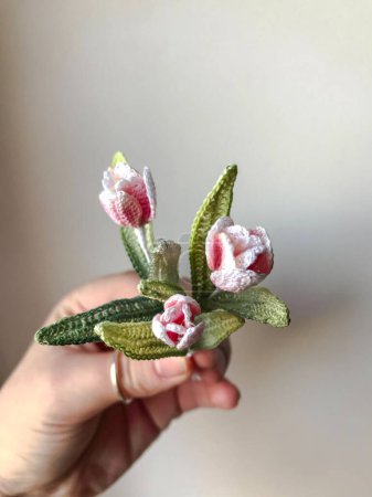 Téléchargez les photos : Un bouquet de fleurs printanières. Des tulipes crochetées d'une couleur rose agréable sont recueillies dans un bouquet. - en image libre de droit