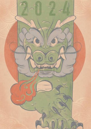 Téléchargez les photos : Illustration de style rétro d'un dragon vert avec un grognement agressif, montrant ses crocs tranchants. Symbole du Nouvel An chinois. Symbole astrologique du Nouvel An à venir. - en image libre de droit