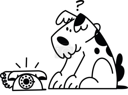 Illustration for Line vector illustration. A large fluffy black and white dog with spots sit near the phone that is ringing. - Royalty Free Image