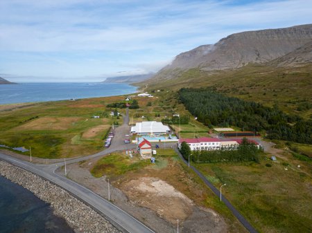 Aerial view of village of Talknafjordur in the Icelandic westfjords