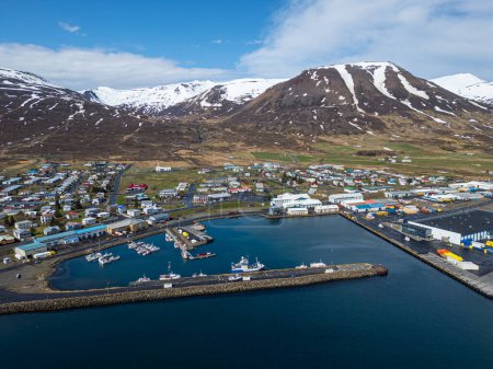 Aerial view of town of Dalvik in north Iceland on a spring day