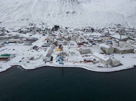 Aerial view of town of Siglufjordur in north Iceland on a winter day