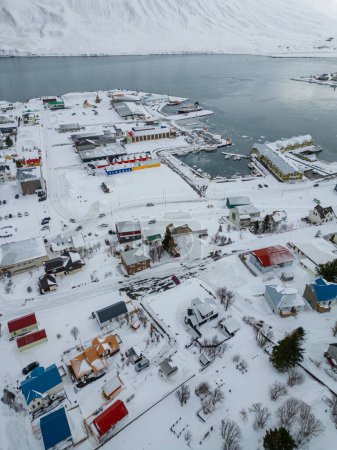 Aerial view of town of Siglufjordur in north Iceland on a winter day