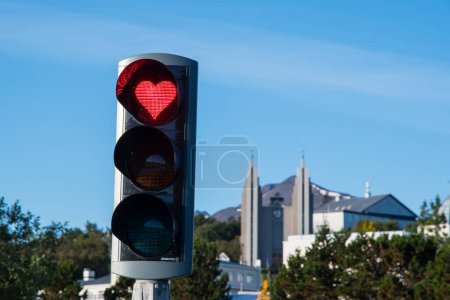 Heart shaped traffic light in city center of Akureyri