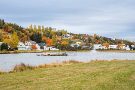 Town of Akureyri in north iceland on an autumn day