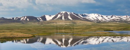 Foto de Kirguistán naturaleza verde paisaje con un lago de reflexión y vastas montañas. Kirguistán es un país sin litoral situado en el centro de Asia, conocido por sus escarpados terrenos montañosos y pastizales.. - Imagen libre de derechos