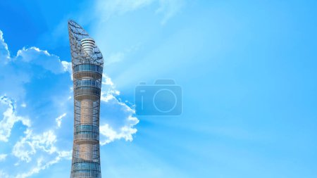 Photo for Doha, Qatar - 14 February 2019: Aspire Tower, also known as Torch Doha, houses luxury apartments, a hotel, and sporting facilities, located near the Khalifa International Stadium. - Royalty Free Image