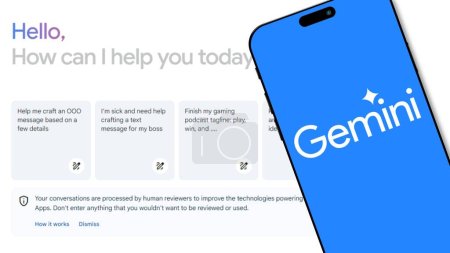 Photo for Istanbul, Turkey - 7 February 2024: Google Gemini logo on smartphone screen with website in background. Gemini is Google's AI model family, developed by Google's AI research labs DeepMind - Royalty Free Image