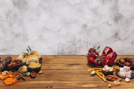 Photo for Composition for Ramadan. Copy space near traditional islamic tableware with meal on wooden table. - Royalty Free Image