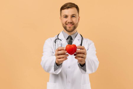 Foto de El médico cardiólogo masculino sostiene el corazón sobre fondo beige - Imagen libre de derechos