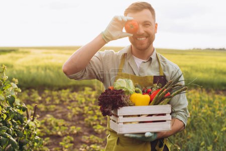 Foto de Hombre agricultor feliz sosteniendo cesta con verduras frescas y poniendo tomate a los ojos en el jardín, concepto de jardinería - Imagen libre de derechos