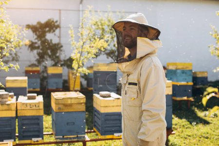 Téléchargez les photos : Portrait d'un apiculteur masculin heureux travaillant dans un rucher près des ruches avec des abeilles. Ramasse du miel. Apiculteur sur rucher. Concept apicole. - en image libre de droit