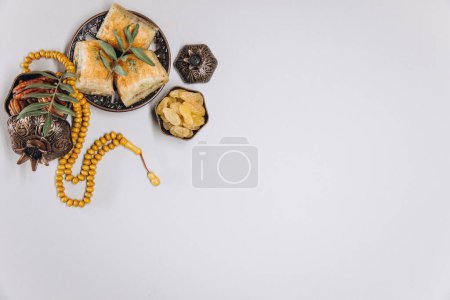 Photo for Traditional table for Ramadan. Set of diet food on old islamic tableware, top view, copy space. - Royalty Free Image
