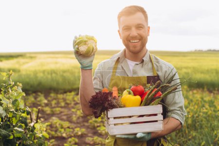 Téléchargez les photos : Heureux agriculteur homme panier d'exploitation avec des légumes frais et montrant chou dans le jardin, concept de jardinage - en image libre de droit