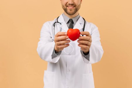 Téléchargez les photos : Le médecin cardiologue masculin tenant le cœur sur fond beige - en image libre de droit