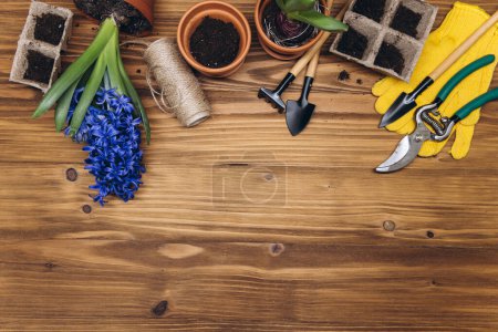 Foto de Composición con flores y herramientas de jardinería con espacio para texto sobre fondo de madera - Imagen libre de derechos