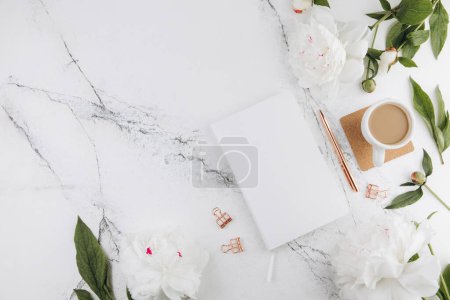 Photo for Women's marble table, diary mockup white peonies and coffee around, flat lay - Royalty Free Image