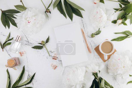 Photo for Women's marble table, diary mockup white peonies and coffee around, flat lay - Royalty Free Image