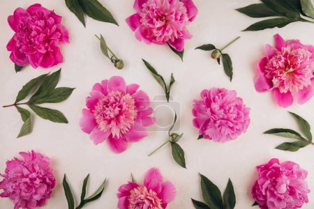 Photo for Pattern of pink peony flowers on pastel background. Peony texture. Flat lay, top view. - Royalty Free Image