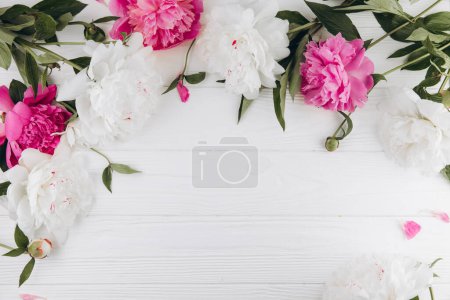 Photo for Pink and white peonies on a white wooden background, copy space, flat lay, greeting card. - Royalty Free Image