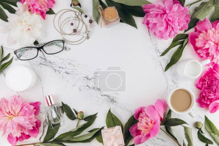 Photo for Beautiful pink and white peony flowers with empty notebook on white marble stone background, copy space for your text or design, top view, flat lay - Royalty Free Image
