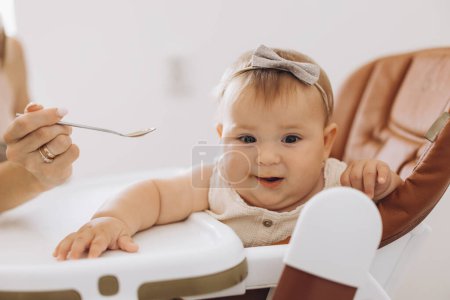 Téléchargez les photos : Mère nourrissant sa petite fille adorable assise dans une chaise haute d'aliments sains - en image libre de droit