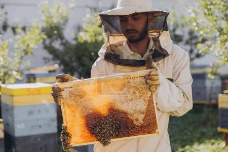 Foto de Apicultor indio feliz en un uniforme parado en apiary y sosteniendo un marco de la abeja en granja de las abejas - Imagen libre de derechos