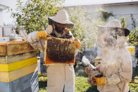 Téléchargez les photos : Équipe internationale d'apiculteurs heureux, l'homme sort un cadre en bois d'une ruche et une femme tient fumeur - en image libre de droit