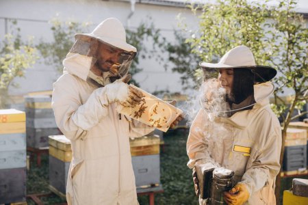 Foto de Mujer feliz apicultora sosteniendo fumador por hombre indio apiarista examinando marco panal en jardín colmenar - Imagen libre de derechos