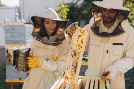 Foto de Mujer feliz apicultora sosteniendo fumador por hombre indio apiarista examinando marco panal en jardín colmenar - Imagen libre de derechos