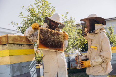 Photo for International team of happy beekeepers, man takes out a wooden frame from a beehive and a woman holds smoker - Royalty Free Image