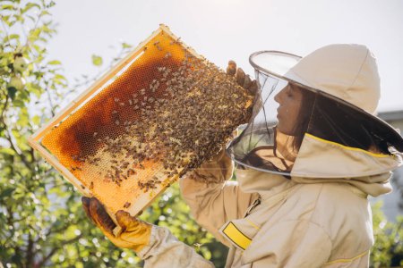 Téléchargez les photos : Joyeux souriant femme apiculteur en uniforme debout dans le rucher et tenant cadre abeille - en image libre de droit