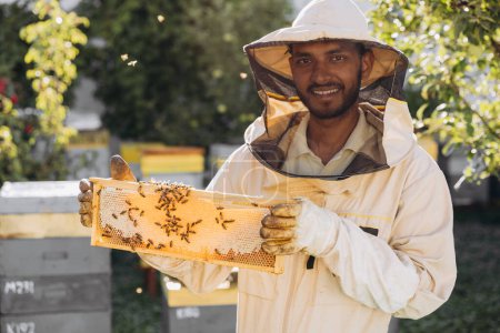 Téléchargez les photos : Heureux apiculteur indien souriant dans un uniforme debout dans le rucher et tenant un cadre d'abeille à la ferme d'abeilles - en image libre de droit