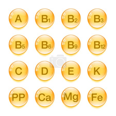 Illustration for Vitamins vector icons. Vitamin complex. Nutrition signs, isolated. Vitamins group. Vector illustration - Royalty Free Image