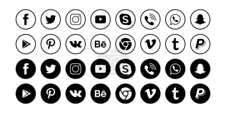 Ilustración de Vinnytsia, Ucrania - 17 de mayo de 2023. Facebook, Instagram, Twitter, Tik-Tok, Snapchat, Youtube, Whatsap, Behance, Linkedin y Pinterest logos. Colección de logotipos de redes sociales. Editorial vectorial - Imagen libre de derechos