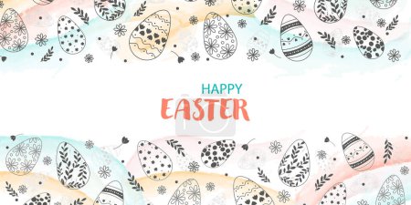Easter. Happy Easter banner or poster. Easter background. Pattern template banner or poster with eggs and flowers. Vector illustration
