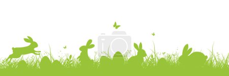 Ilustración de Fondo de Pascua. Banner de Pascua con hierba verde y conejito. Conejo de Pascua o conejo con huevos y mariposa en la hierba - Imagen libre de derechos
