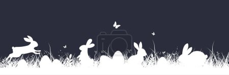 Ilustración de Fondo de Pascua. Banner de Pascua con hierba y conejo. Conejo de Pascua o conejo con huevos y mariposa en la hierba - Imagen libre de derechos