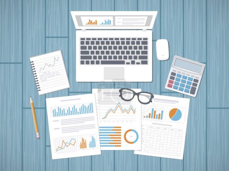 Data analysis concept. Financial Audit, SEO analytics, statistics, strategic, report, management. Charts, graphics on a laptop, tablet, smartphone, documents. View from above. Vector illustration.