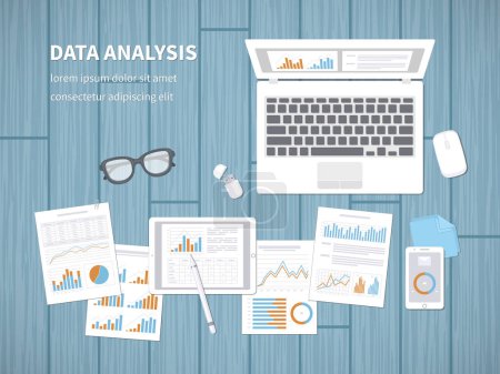 Illustration for Data analysis concept. Financial Audit, SEO analytics, statistics, strategic, report, management. Charts, graphics on a laptop, tablet, smartphone, documents. View from above. Vector illustration. - Royalty Free Image