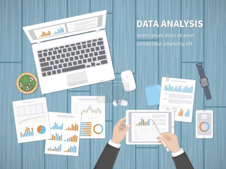 Illustration for Man analyzes documents. Accounting, analytics, analysis, report, research, planning concept. Hands on the desktop hold tablet. Charts, diagrams, graphs on the paper. Office space top view. - Royalty Free Image