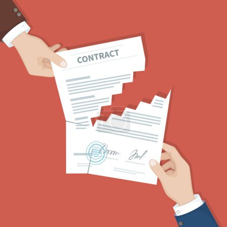 Contract termination concept. Two businessman hands tearing document apart. The end of agreement. Vector illustration in flat design for business concept. View from above