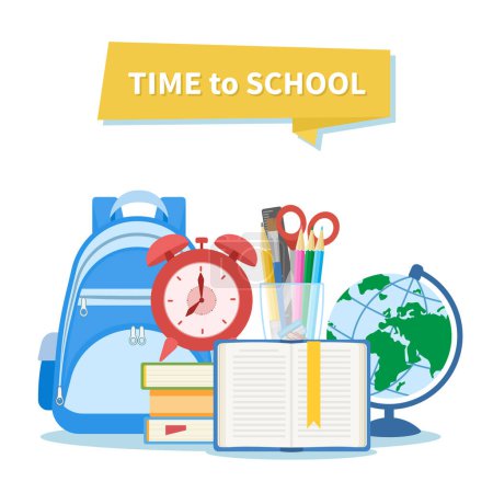 Time to school. Education and learning concept. School equipment. Open book with a bookmark, alarm clock, pile of books, backpack, supplies, stationery set, globe, scissors, pens, pencils, ruler.