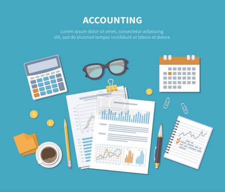 Accounting concept. Financial analysis, analytics, data capture, planning, statistics, research. Documents, forms, charts, graphs, calendar, calculator, notebook, coffee, pen on the table. Top view.