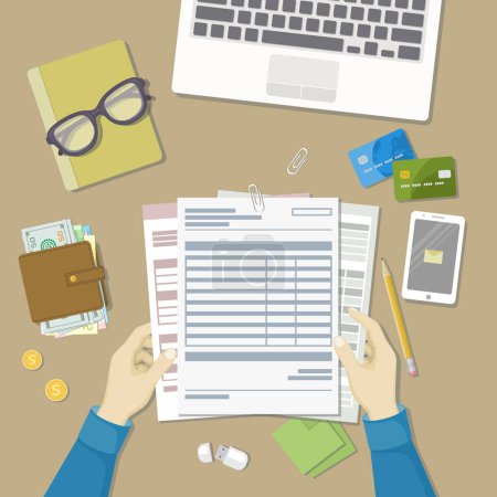 Téléchargez les illustrations : Man working with documents. Human hands hold the accounts, payroll, tax form. Workplace with papers, blanks, forms, phone with message, wallet with money, credit cards, glasses, notepad Top viewVector - en licence libre de droit