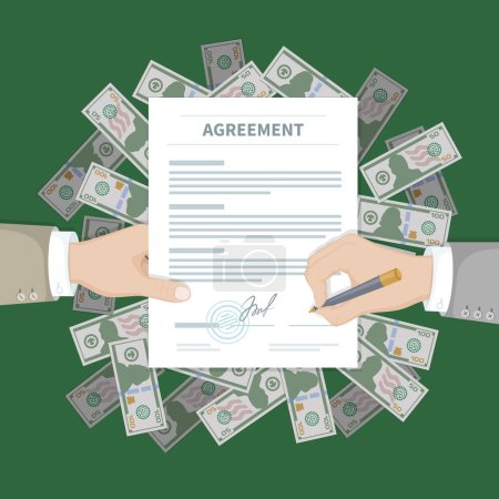 Téléchargez les illustrations : Two businessman signing an agreement. Successful financial partnership, teamwork concept. Hand holds the form of document on a pile of money. Conclusion of a contract. Top view. Vector illustration. - en licence libre de droit