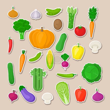 Foto de Big set of colorful vegetables. Isolated stickers of vegetables. Natural fresh organic vegetables. Vector illustration. - Imagen libre de derechos