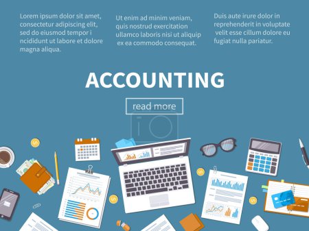 Illustration for Accounting concept. Financial analysis, analytics, data analysis, planning, statistics, research. Documents, forms, charts, graphs, calendar, calculator, notebook, coffee, pen on the table. Top view. - Royalty Free Image